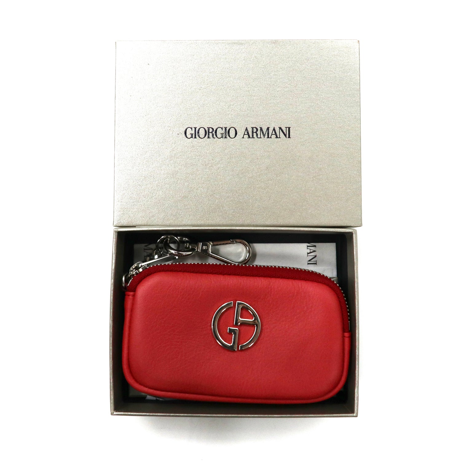 GIORGIO ARMANI COIN WALLET Key Case Red Leather Logo Motif Y1H306 