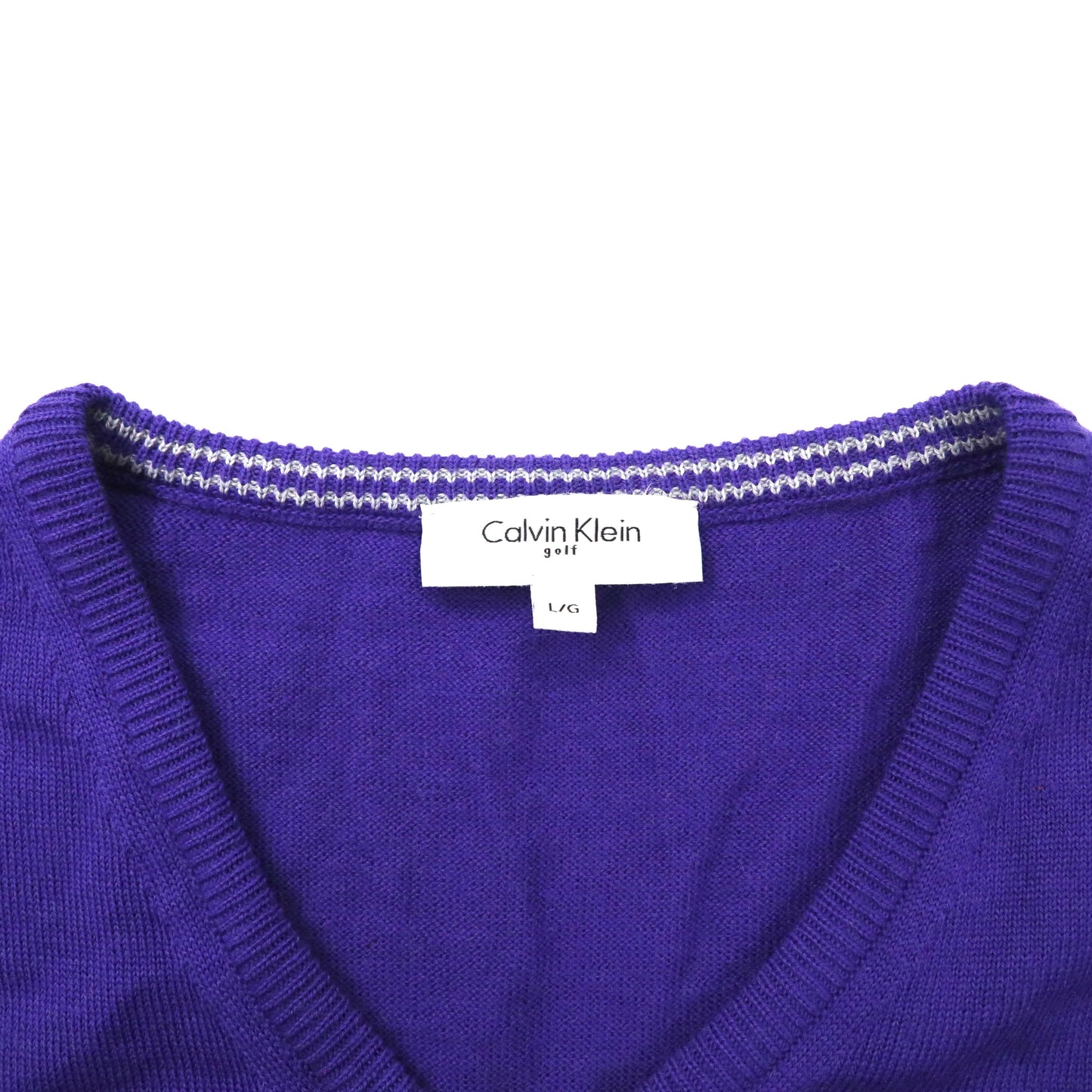 Calvin Klein Vネックニット セーター L ブルー メリノウール ワンポイントロゴ刺繍 ブルガリア製