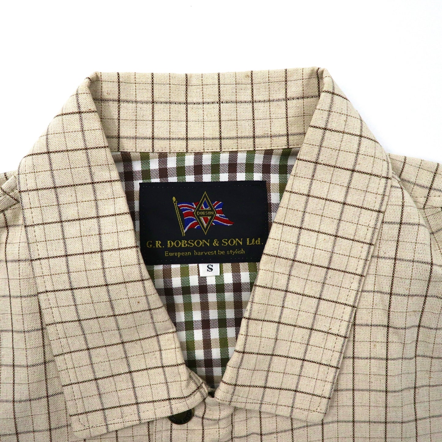 G.R.DOBSON & SON スウィングトップ ハリントンジャケット S ベージュ チェック コットン リネン混 エンブレムロゴ刺繍 80年代 日本製