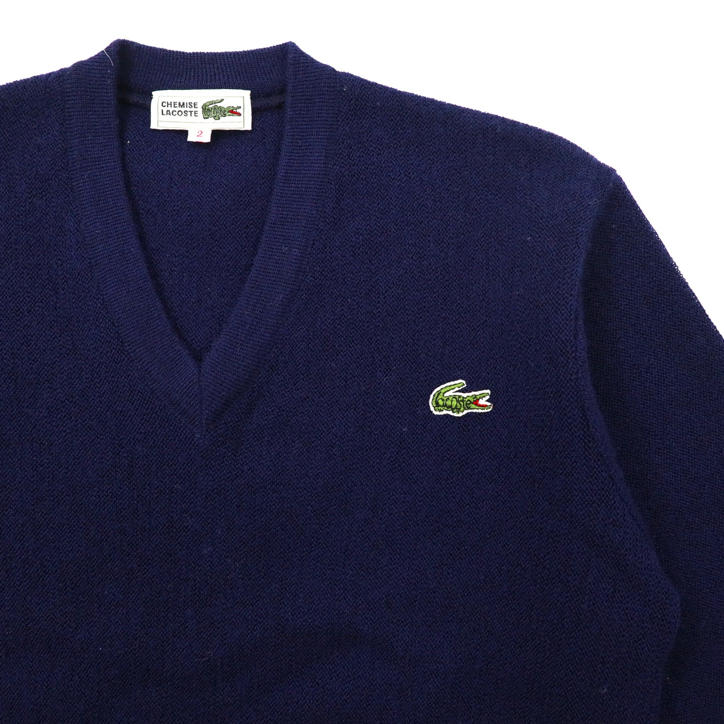 CHEMISE LACOSTE Vネックニット セーター 2 ネイビー ウール ワンポイントロゴ 80年代 日本製