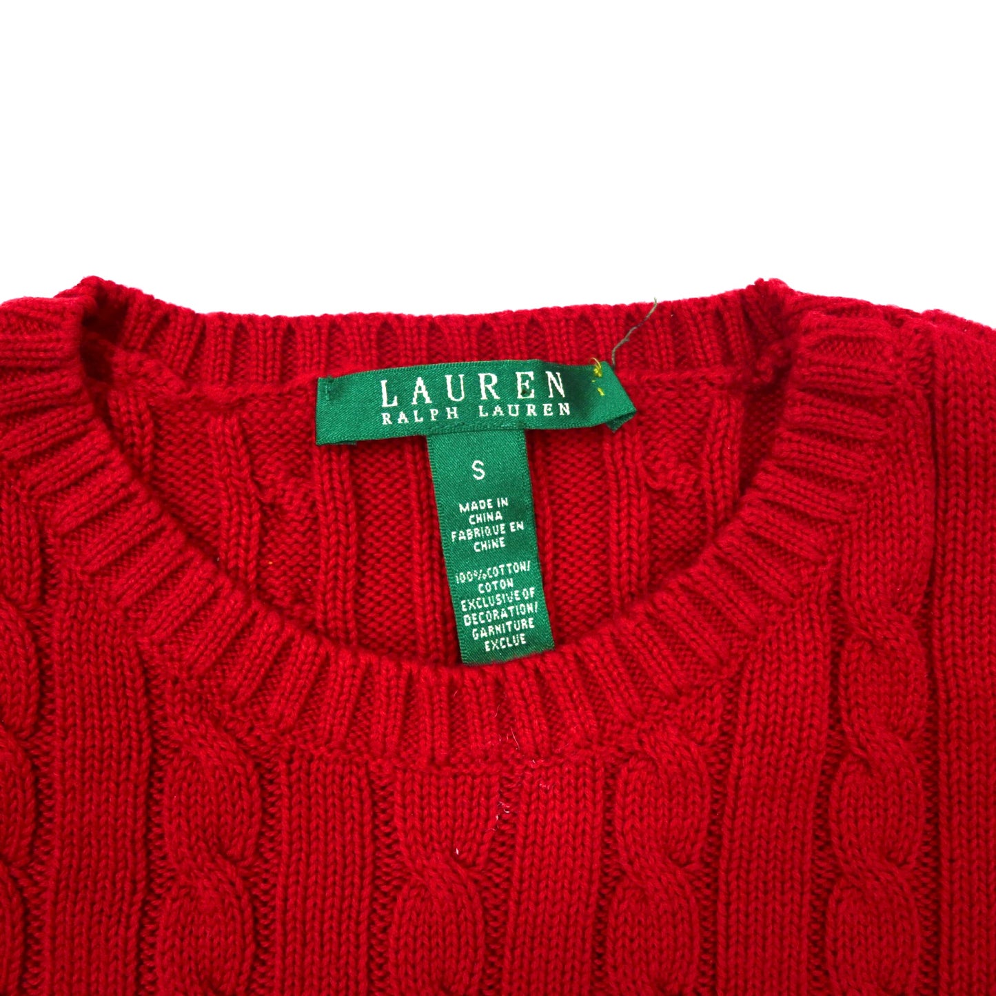 LAUREN RALPH LAUREN コットンニット セーター S レッド ケーブル編み スモールロゴ刺繍