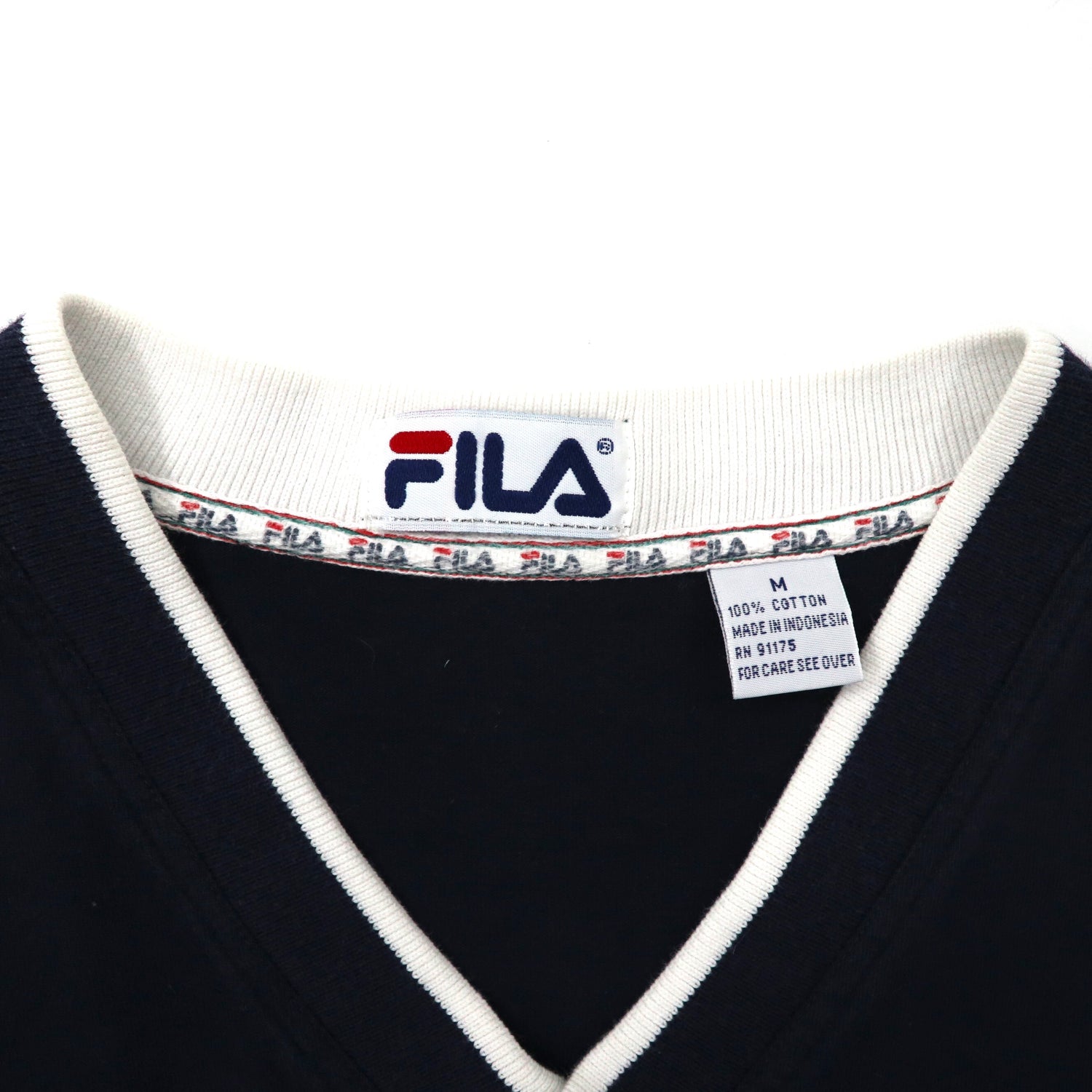 FILA Big Size V Neck Sweatshirt M Navy Tricolor Color Cotton Double -sided  logo embroidery 90s