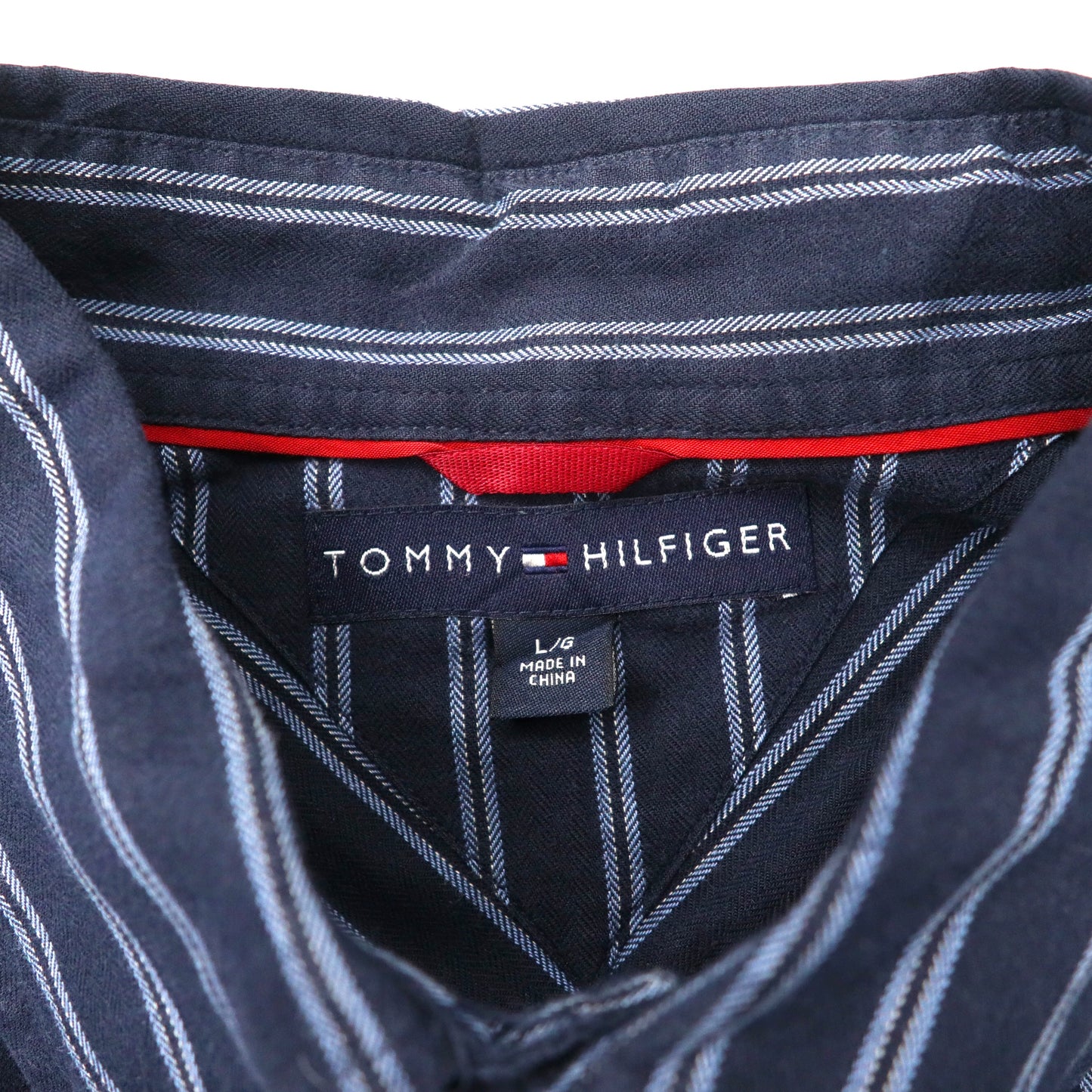 TOMMY HILFIGER ビッグサイズ ボタンダウンシャツ L ネイビー ストライプ コットン ワンポイントロゴ刺繍