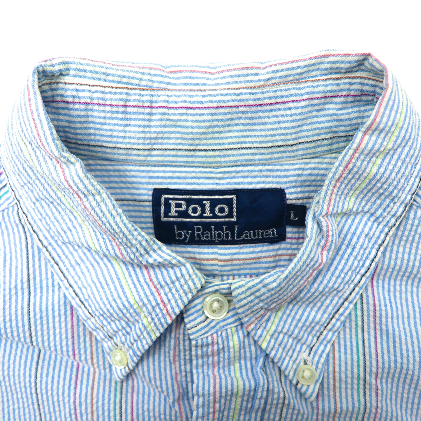 Polo by Ralph Lauren 半袖ボタンダウンシャツ L ブルー ストライプ  コットン シアサッカー スモールポニー刺繍
