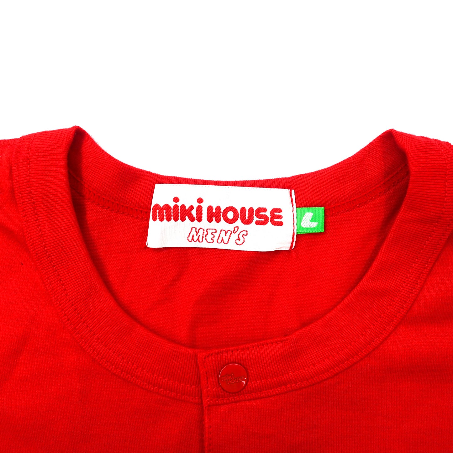 miki HOUSE ヘンリーネックTシャツ L レッド コットン スナップボタン バックロゴプリント 日本製