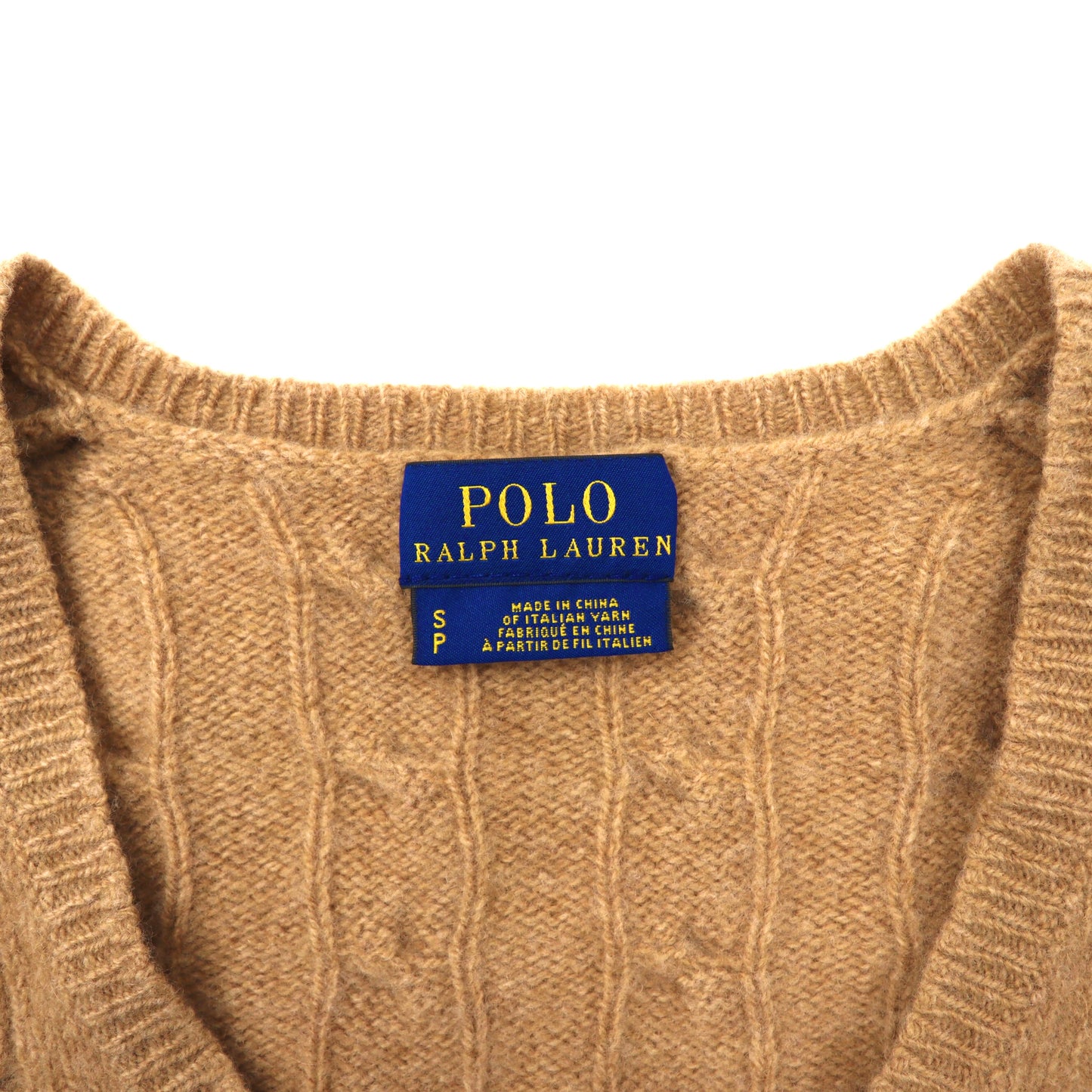 POLO RALPH LAUREN Vネックニットセーター S ブラウン ウール ケーブル編み スモールポニー刺繍