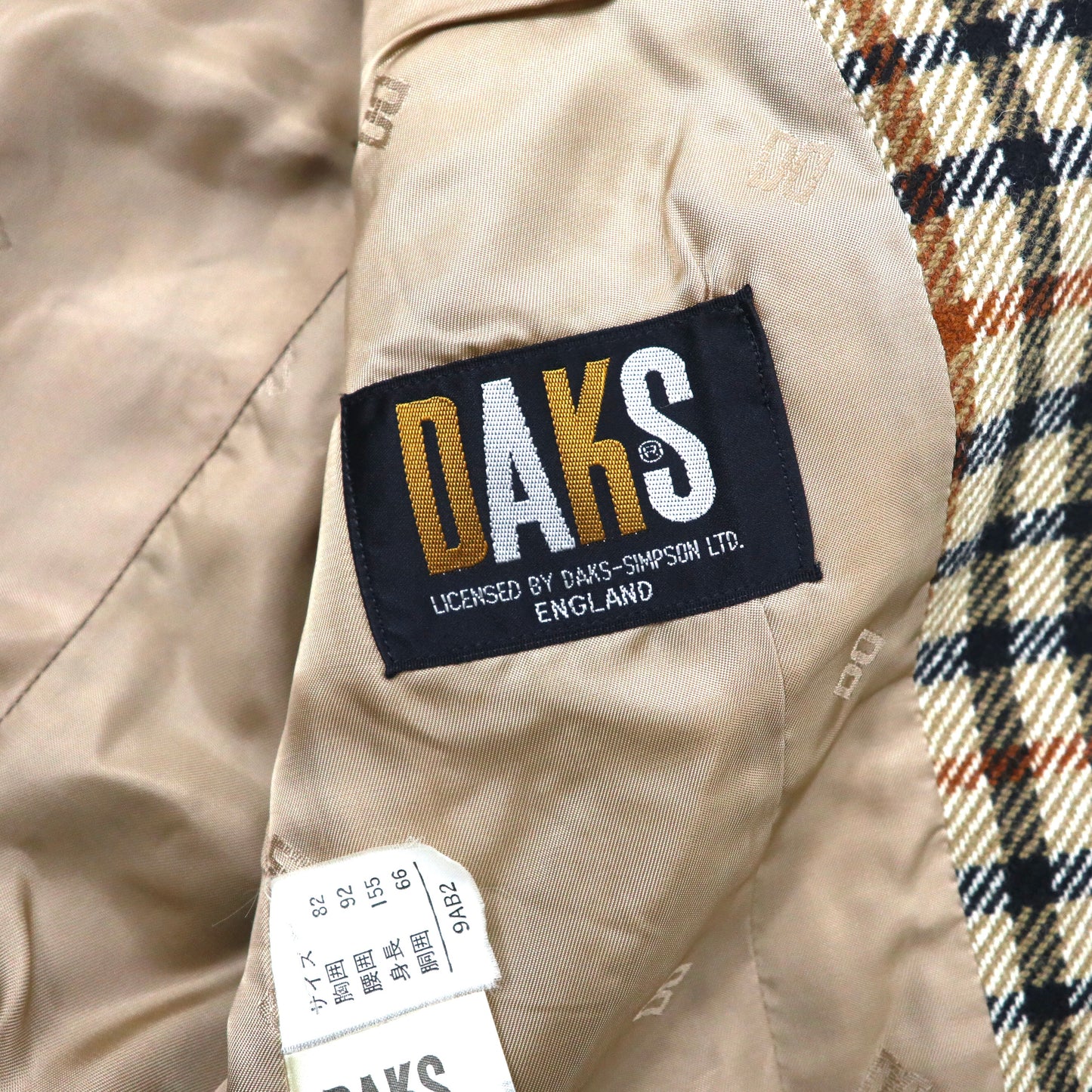 DAKS 2Bツイードジャケット セットアップ スカートスーツ 9AB2 ベージュ チェック ウール オールド 日本製
