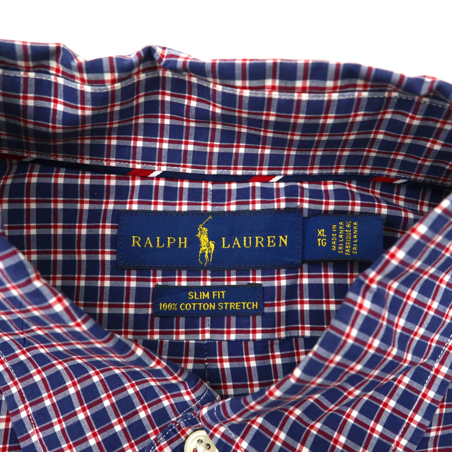 RALPH LAUREN ボタンダウンシャツ XL ネイビー チェック コットン ストレッチ SLIM FIT スモールポニー刺繍