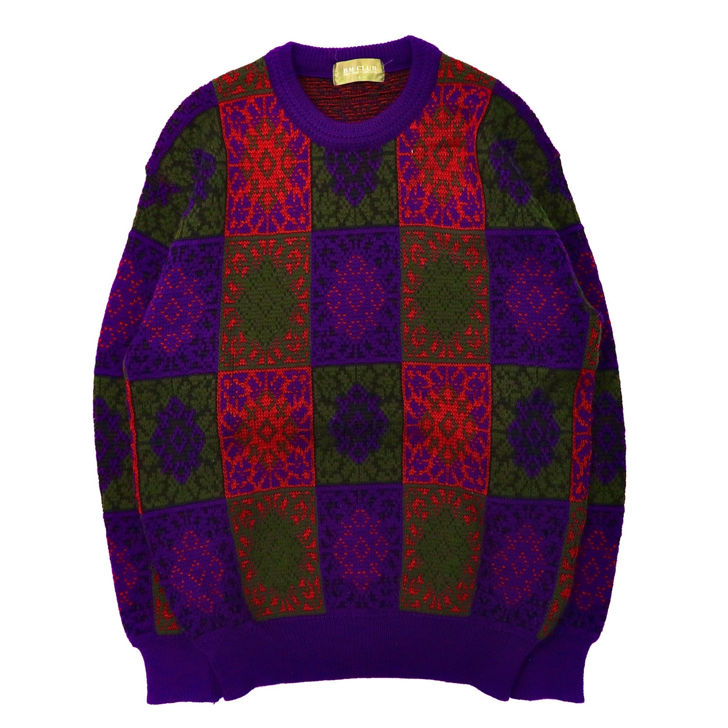 BM Club Patterned Knit Sweater L Purple Wool 90s Japan MADE – 日本