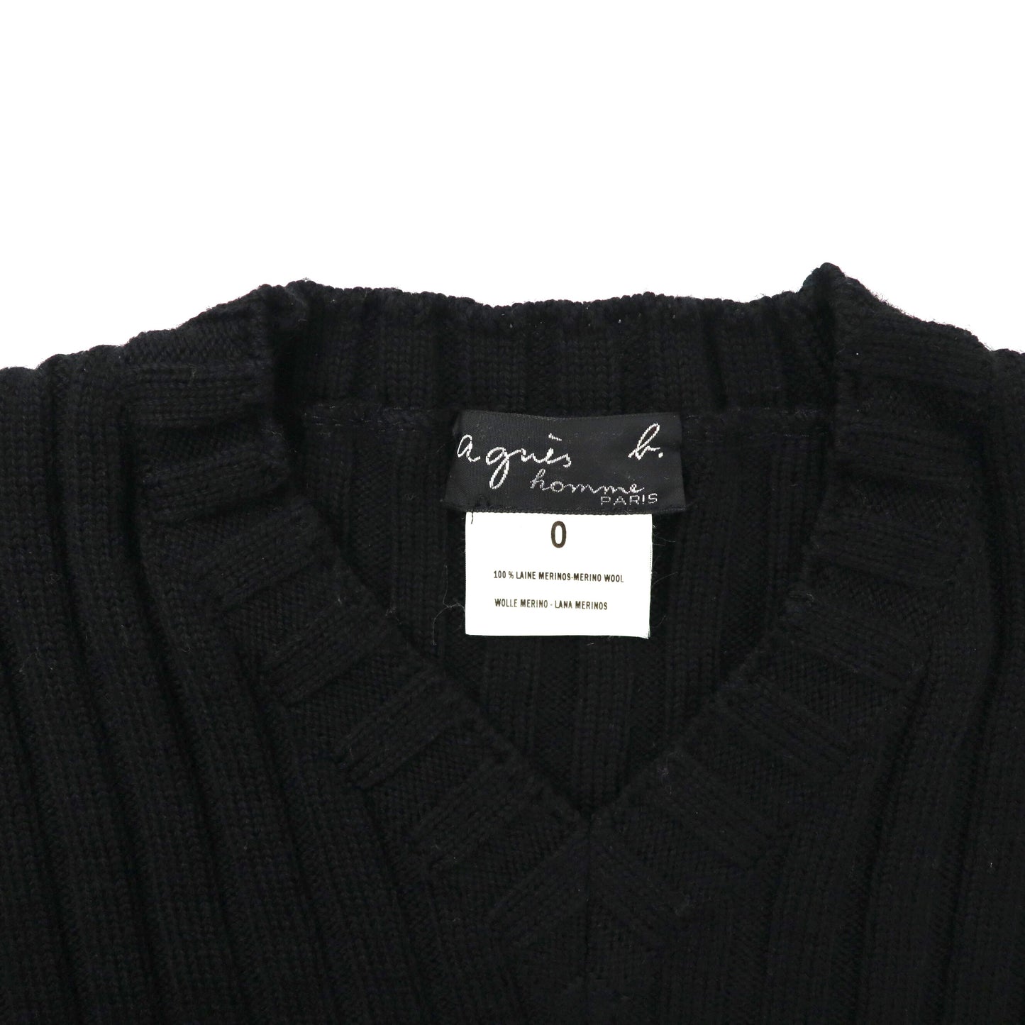 agnes b. homme Vネックリブニット セーター 0 ブラック メリノウール フランス製
