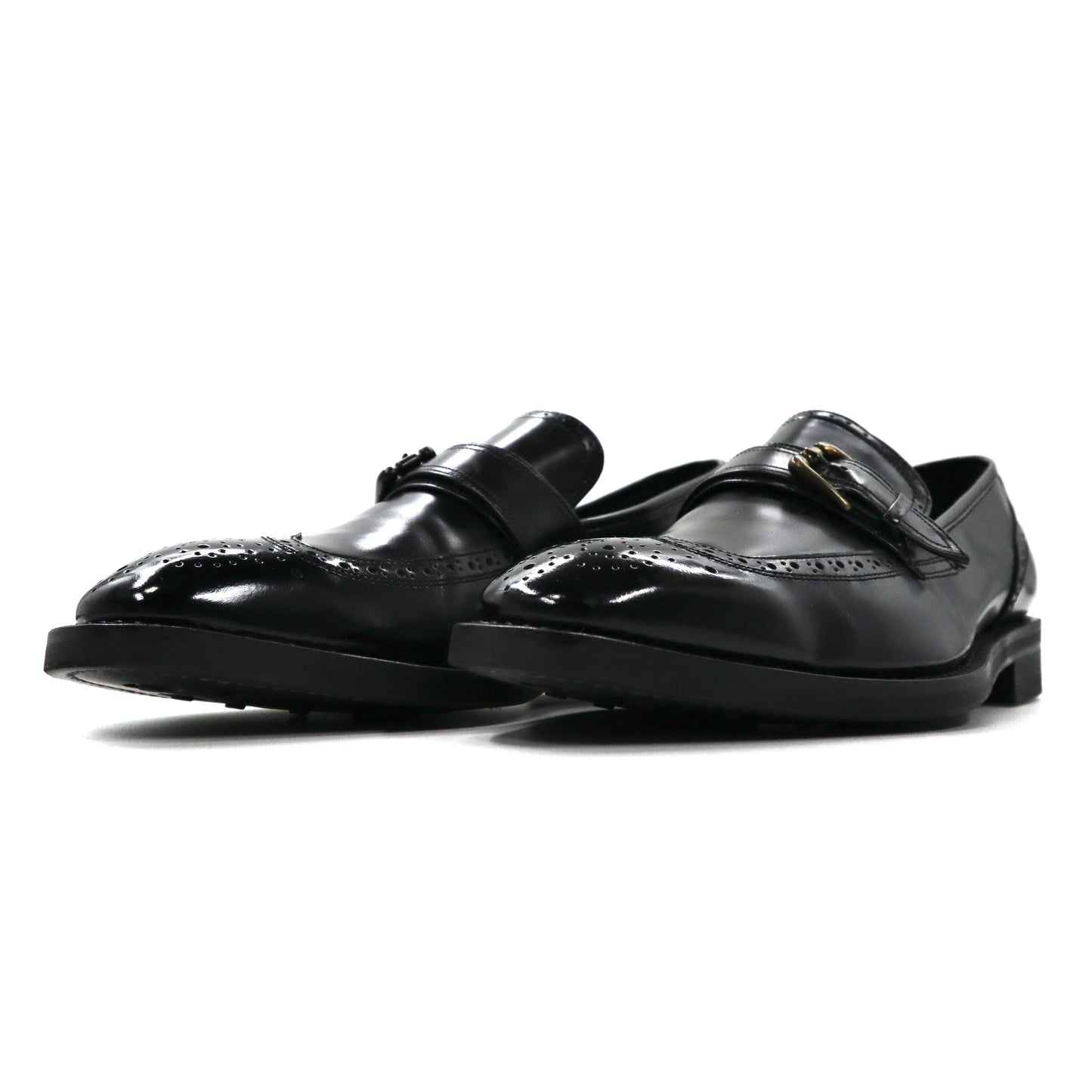 DAKS Wing Chip LOAFERS Medallion Shoes US8.5 Black Leather 