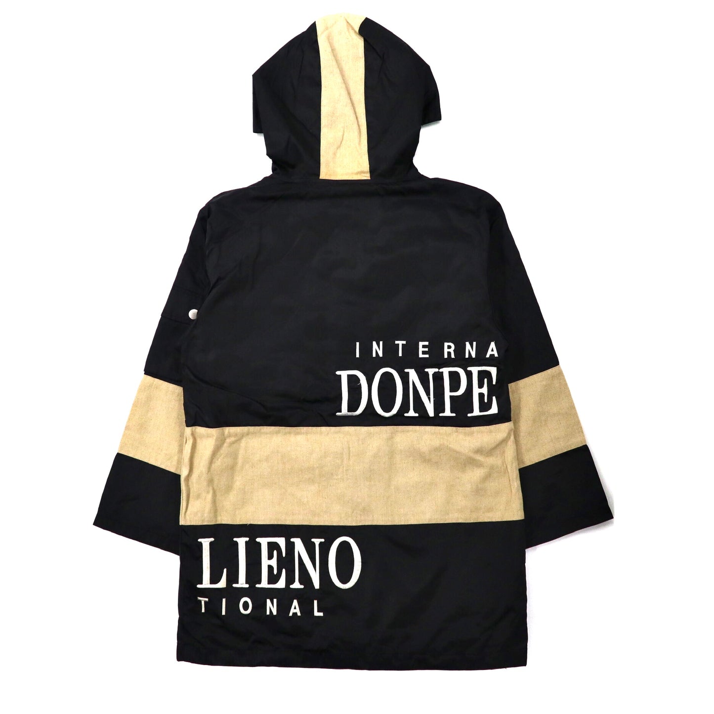 DONPELIENO INTERNATIONAL フーデッドコート XL ブラック ナイロン 異素材切り替え ロゴ刺繍