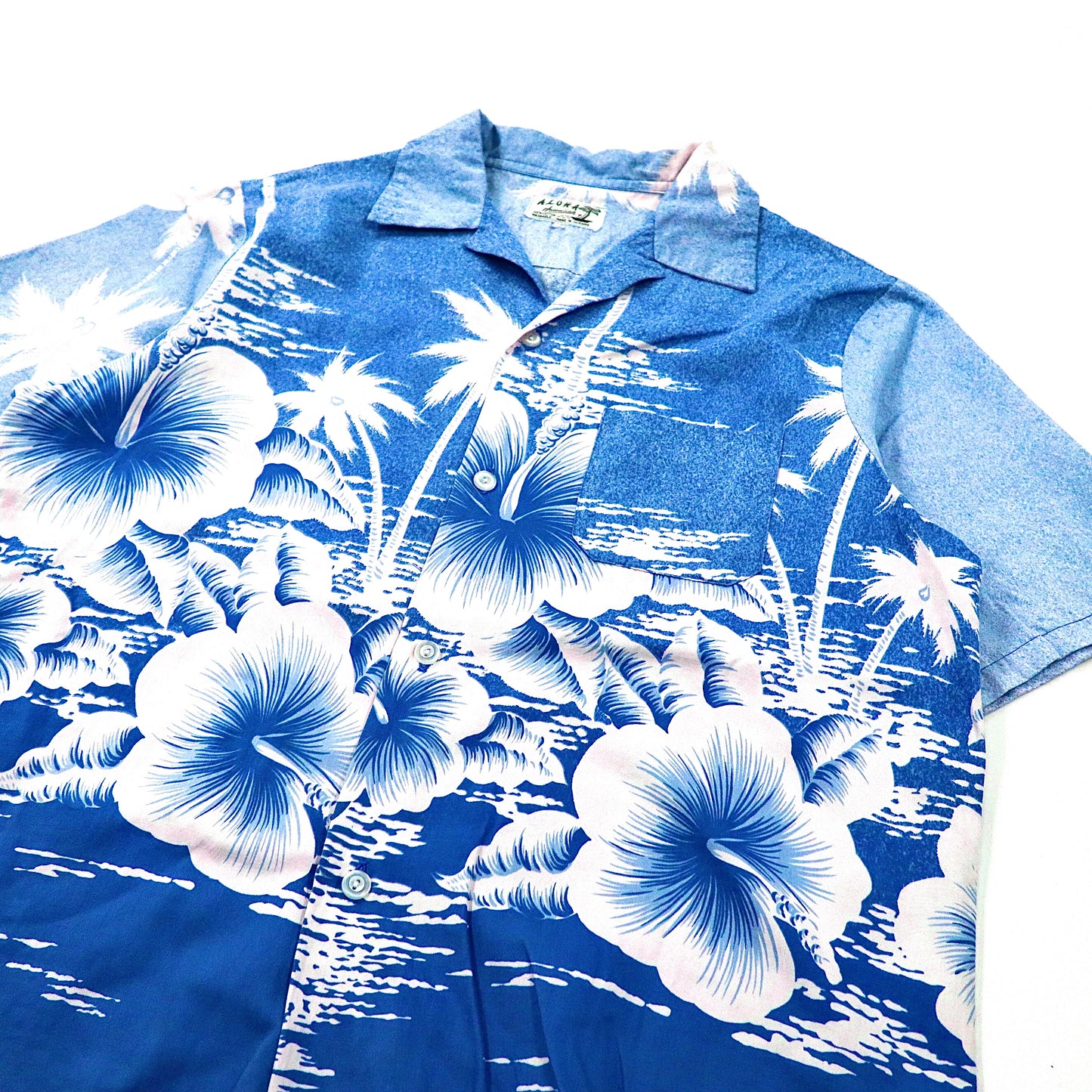 ALOHA Hawaiian アロハシャツ L ブルー コットン ハイビスカス