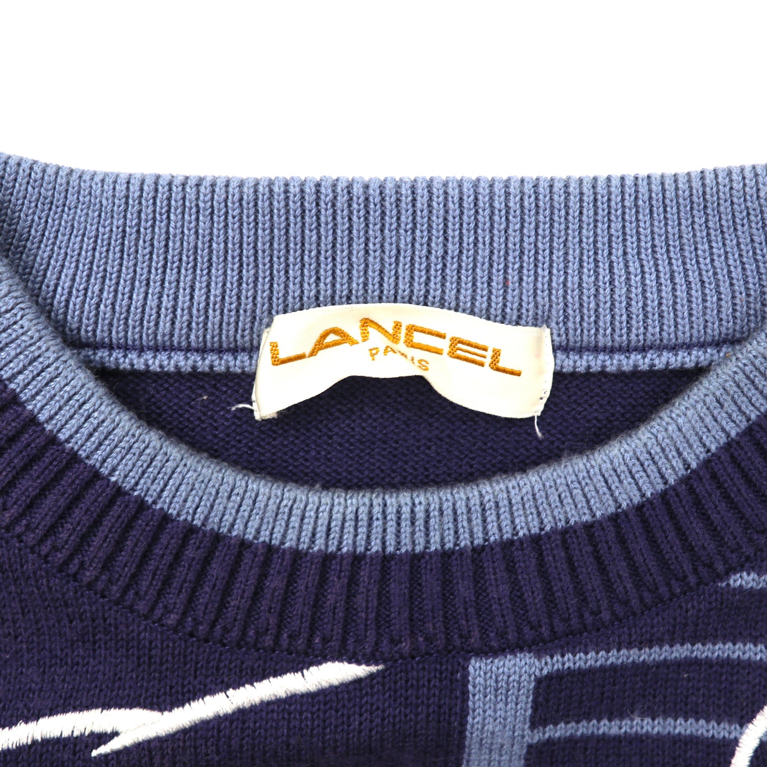 Lancel Knit Sweater L Navy Acrylic Character Embroidery 90s Japan
