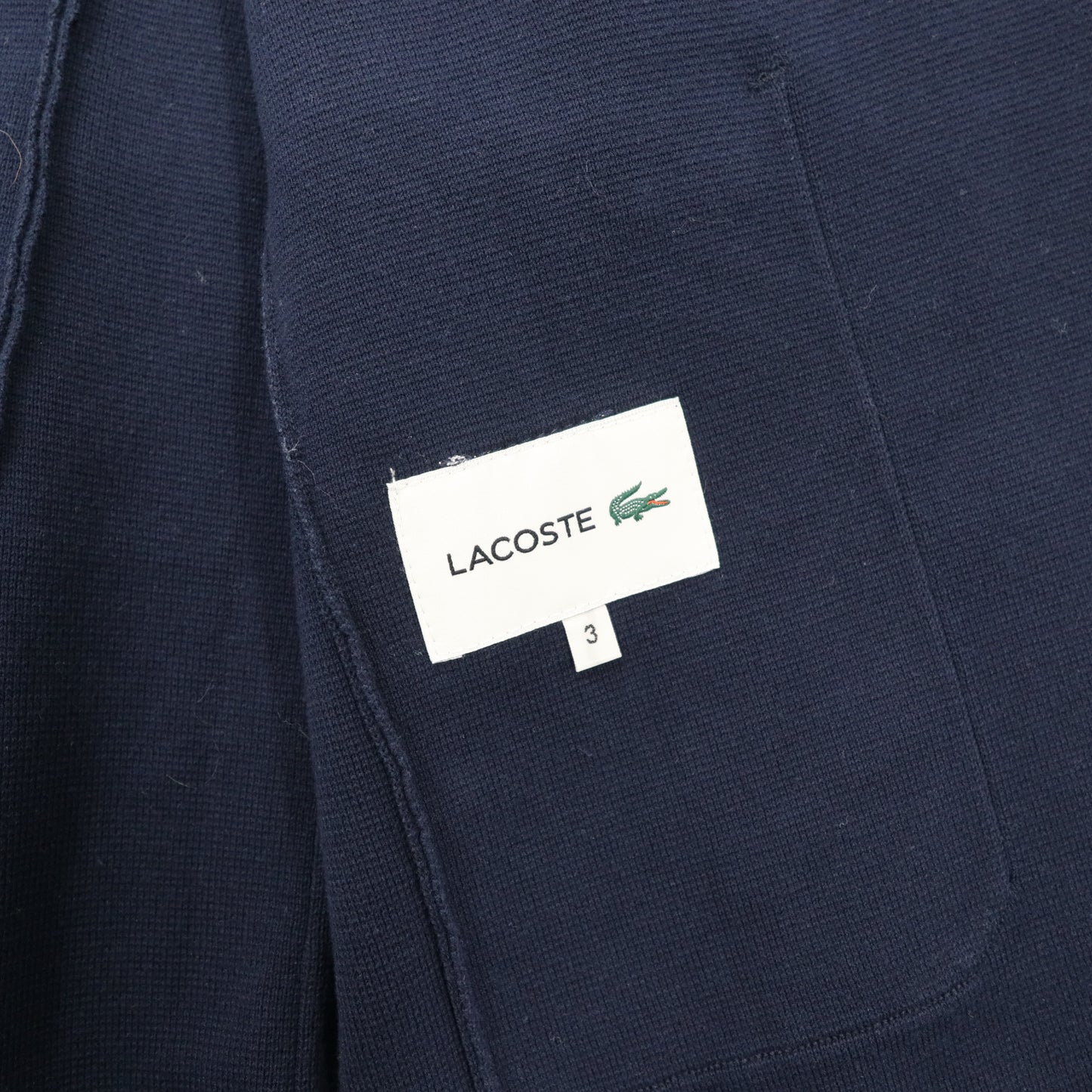 LACOSTE ニット仕上がり テーラード ジャケット 3 ネイビー コットン ミラノリブ ワンポイントロゴ刺繍 VH752E
