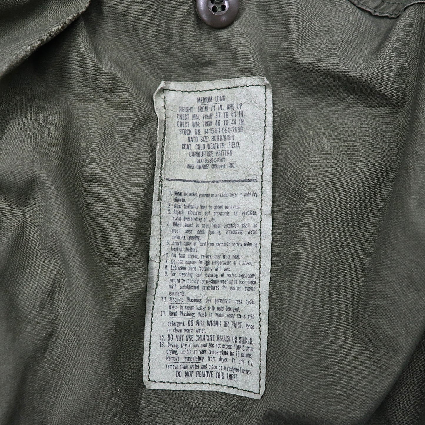 US ARMY M65 Military Field Jacket フィールドジャケット M カーキ カモフラ GENERALジップ フード収納式 ミリタリー John Ownbey Company 8415-01-090-7836 80年代