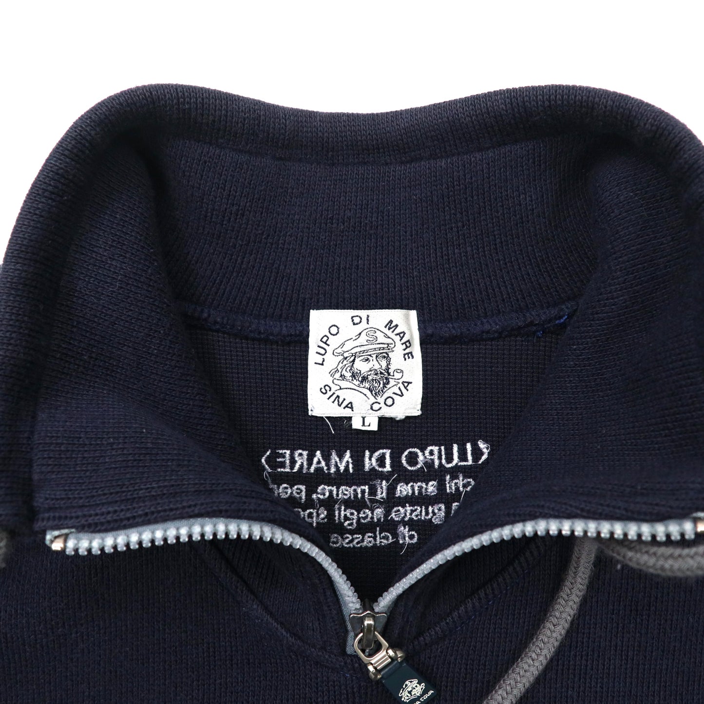 SINA COVA Half Zip Knit Sweater L Navy Cotton One Point Logo Big