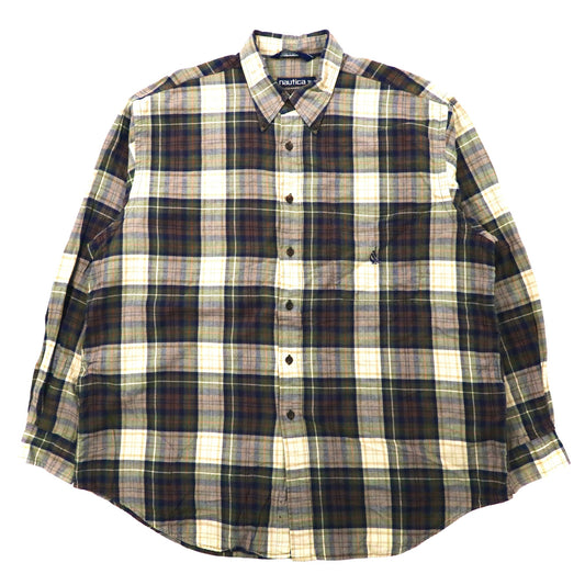 nautica ビッグサイズ ボタンダウンシャツ XL ブラウン チェック コットン ワンポイントロゴ刺繍 90年代