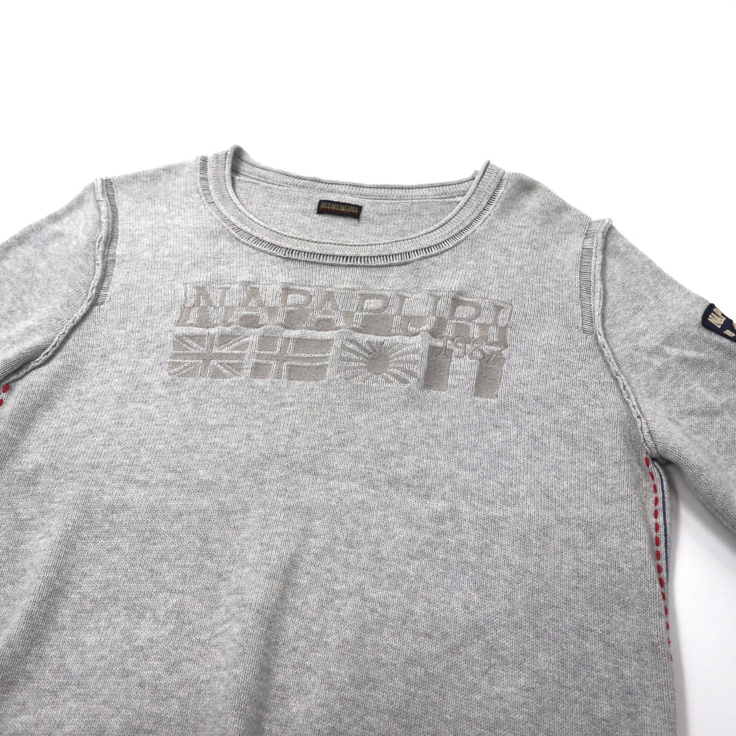 Napapijri knit sweater M gray cotton logo embroidery – 日本然リトテ