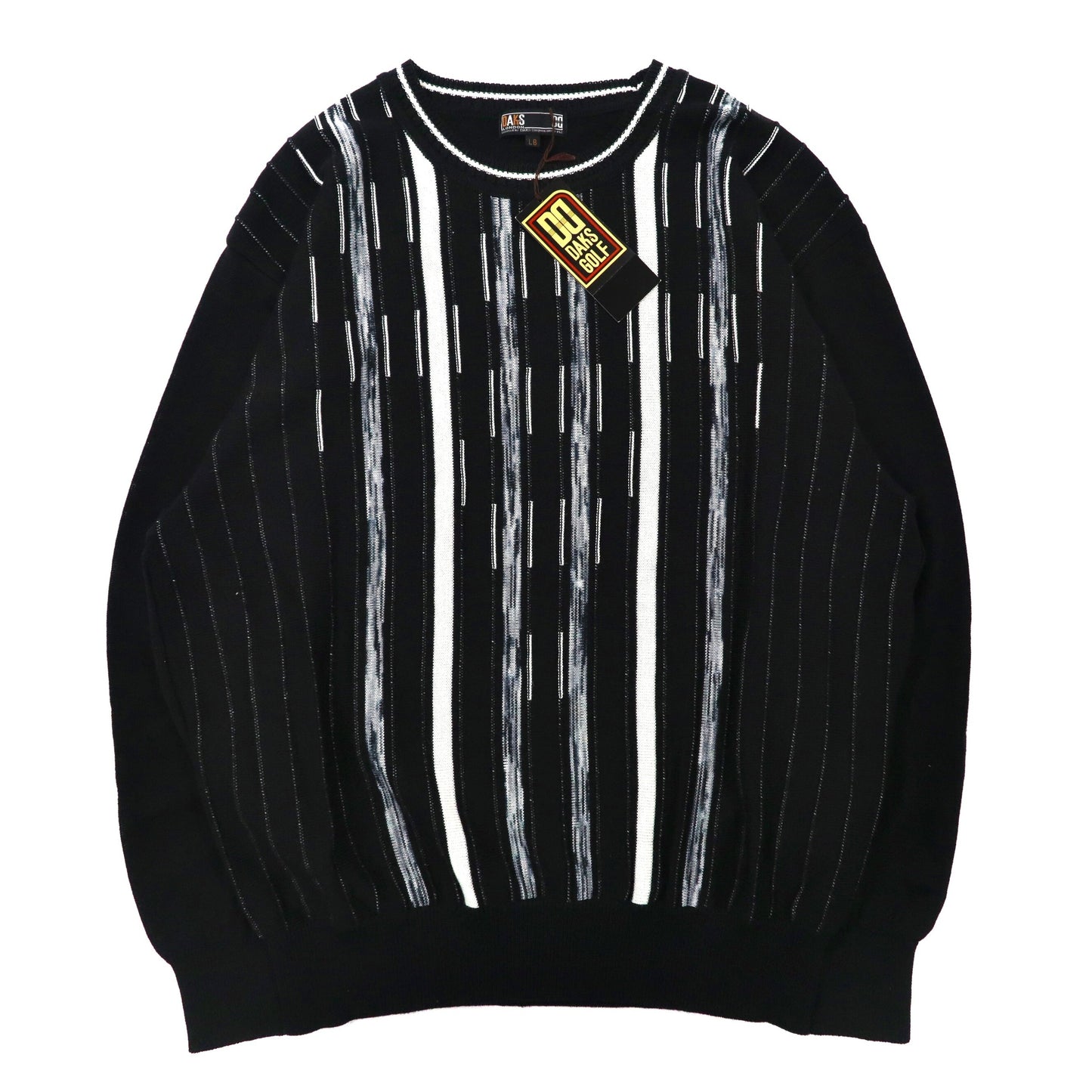 DAKS PATTERNED Knit Sweater L Black linen acrylic Vintage Japan Made Unused