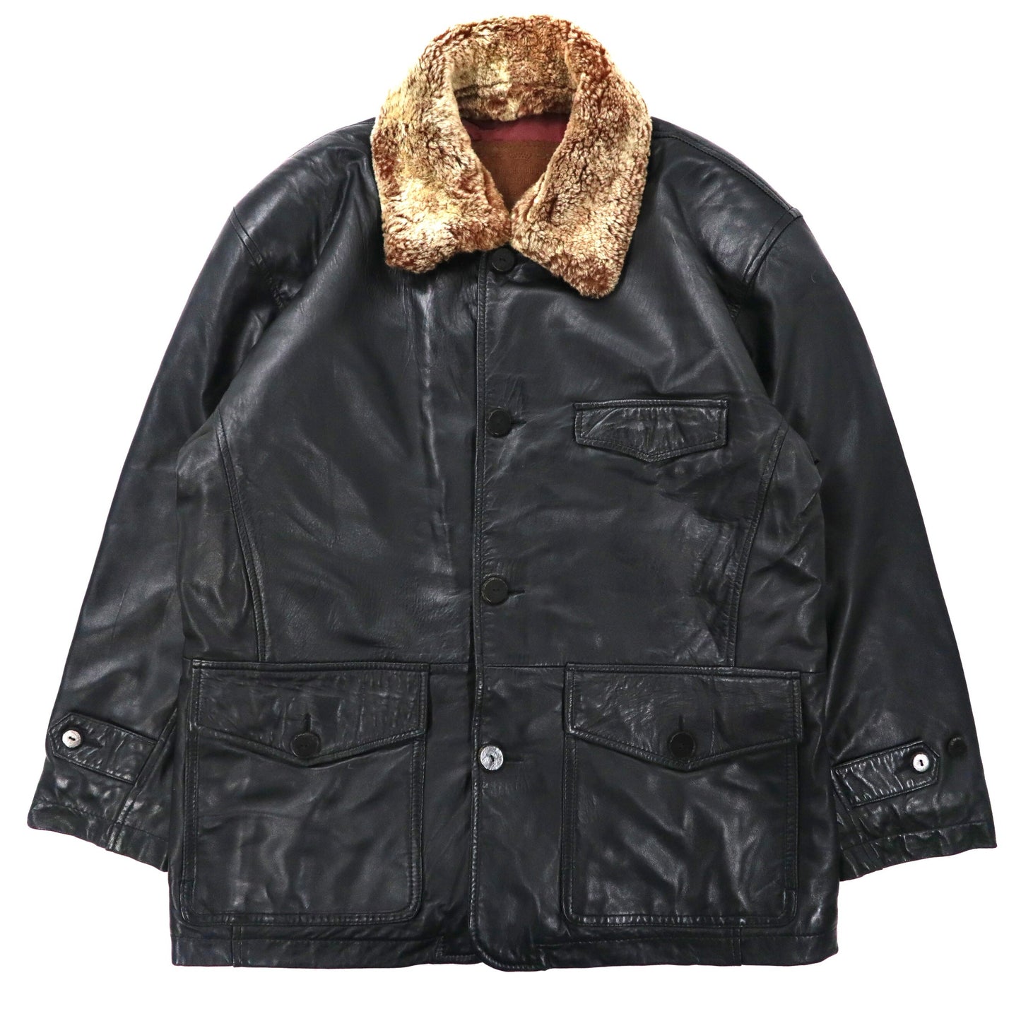 Boa Leather Coat 襟ボア レザーコート M ブラック ラムレザー 羊革 ボア着脱式 ビッグサイズ Karrsa
