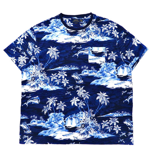 POLO RALPH LAUREN ビッグサイズ ポケットTシャツ XXL ネイビー コットン 総柄 ハワイアン スモールポニー刺繍