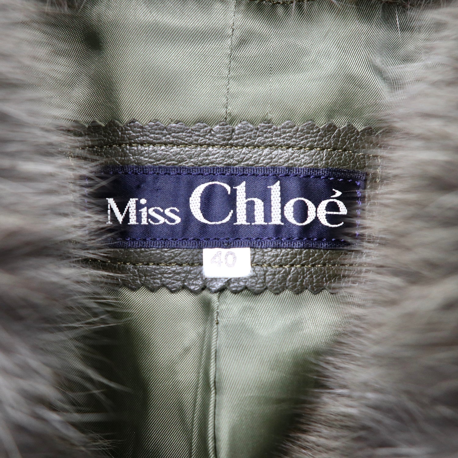Miss Chloe Fox Fur Leather Coat 40 Green Lamb Leather Vintage
