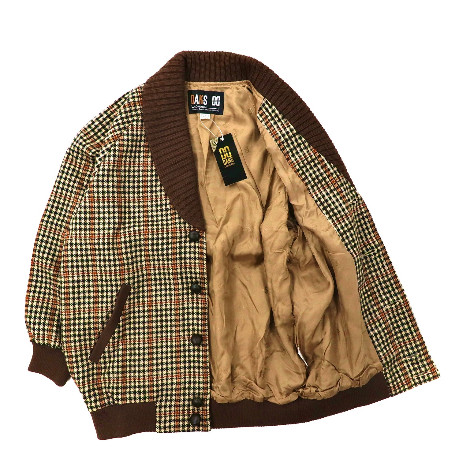 DAKS Shawl Collar BLOUSON S Beige CHECKED Wool 80s Japan MADE 