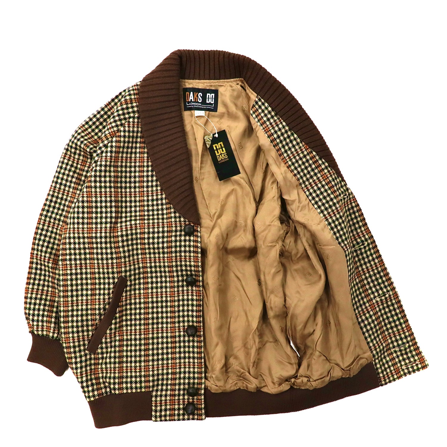 DAKS Shawl Collar BLOUSON S Beige CHECKED Wool 80s Japan 