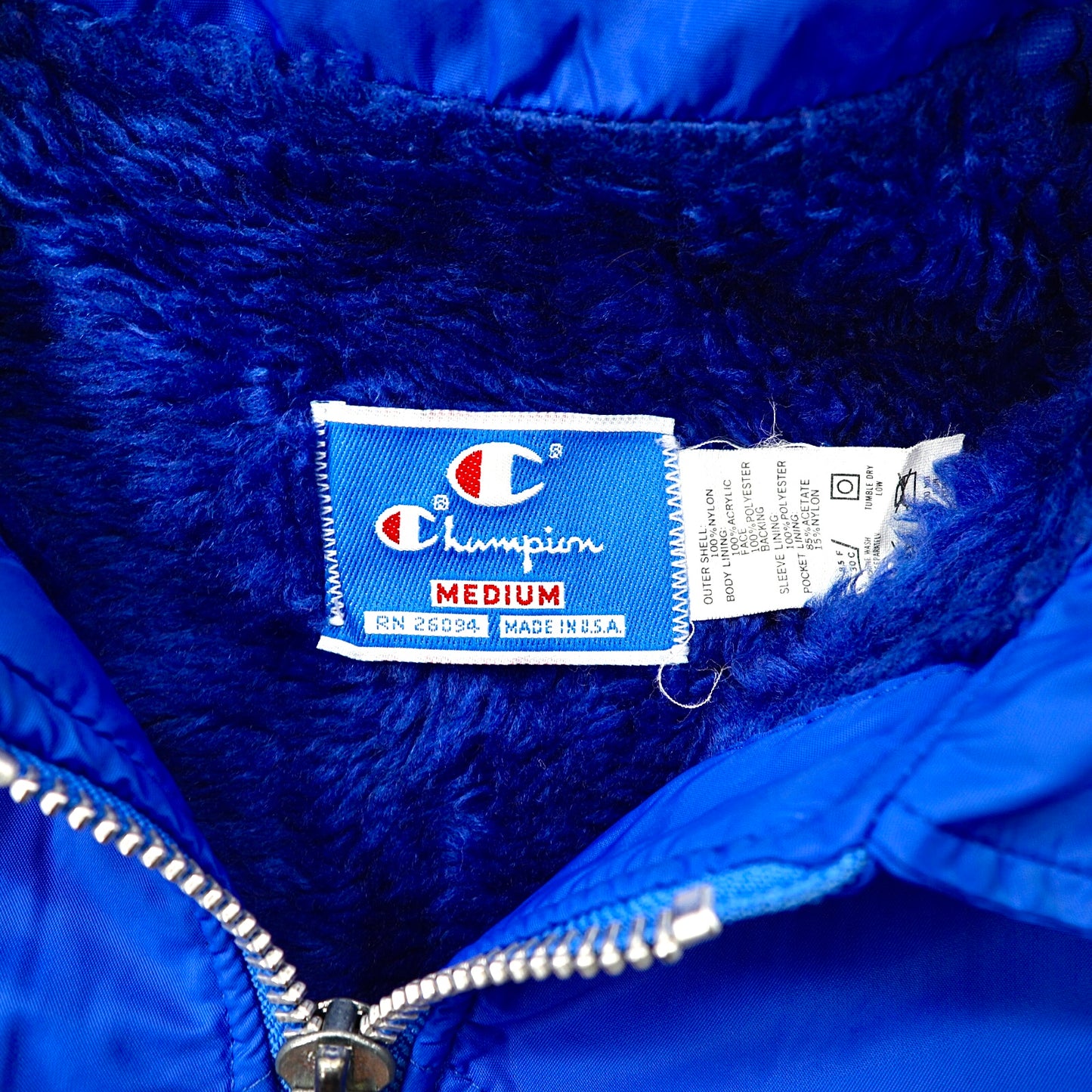 Champion フーデッドジャケット M ブルー ナイロン ボアライナー 80年代 USA製