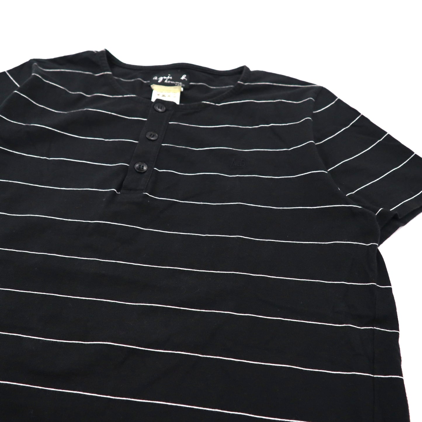 agnes b. homme ヘンリーネックTシャツ 0 ブラック ボーダー スモールロゴ刺繍 ポルトガル製