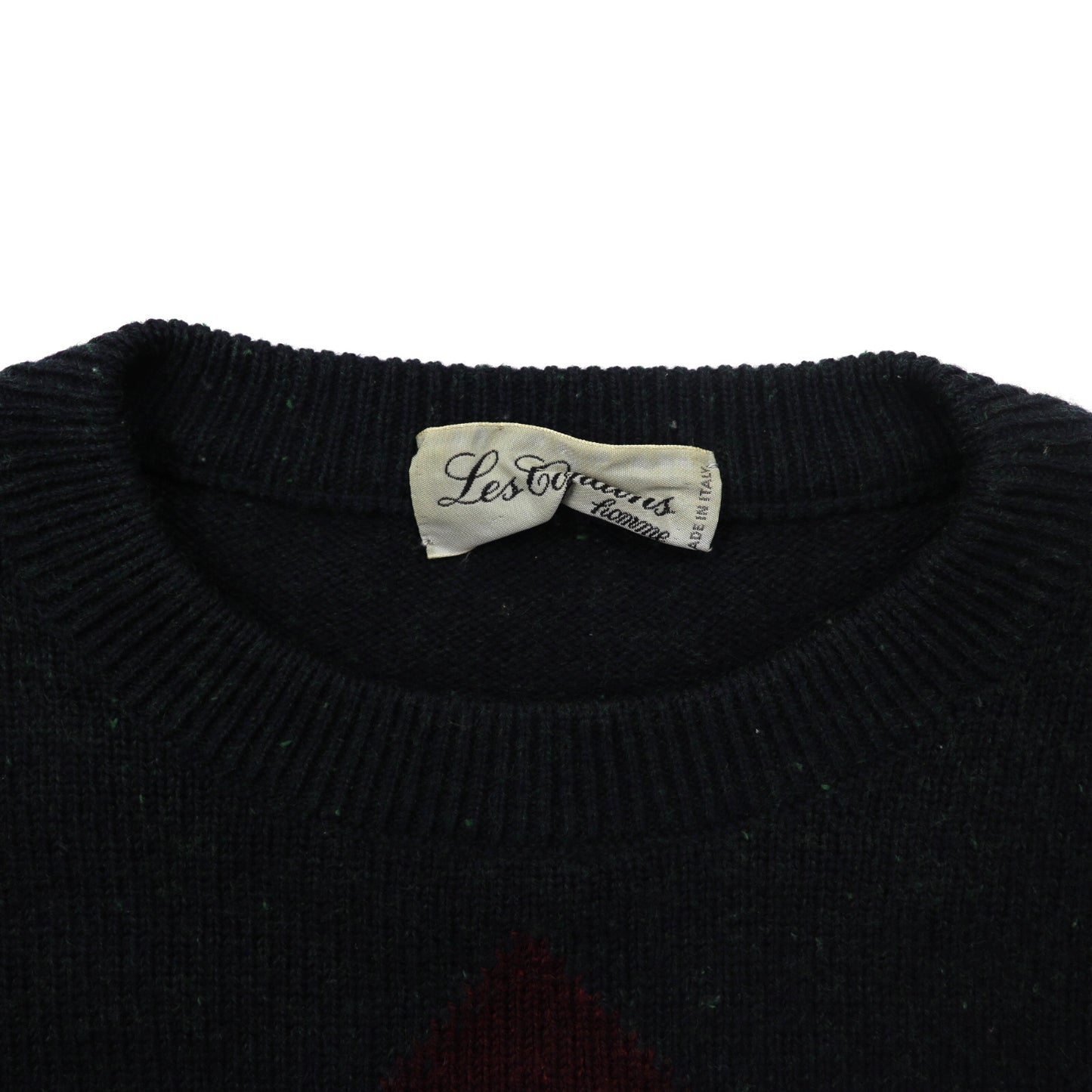 Les Copains homme クルーネックニットセーター L バーガンディー アーガイル ウール キャラクター刺繍 イタリア製