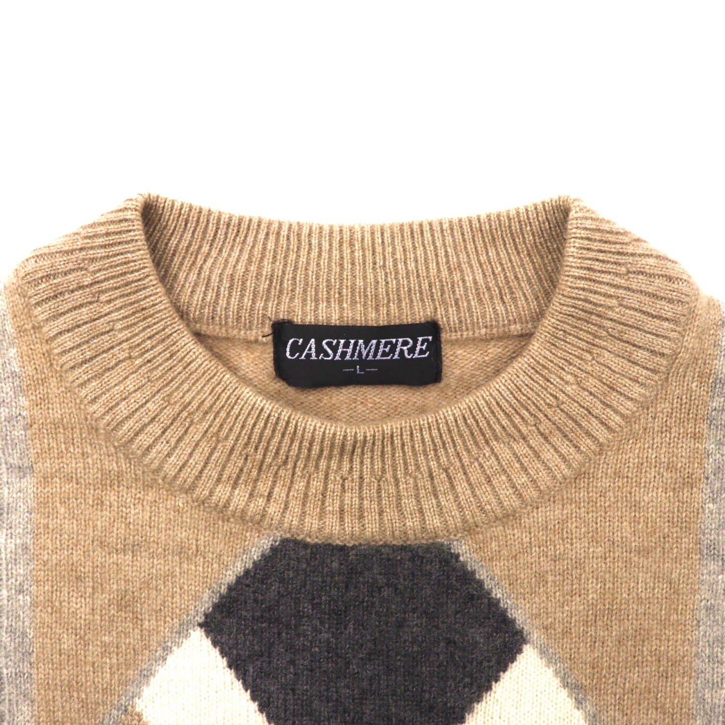 CASHMERE カシミアニット セーター L ベージュ グレー アーガイル