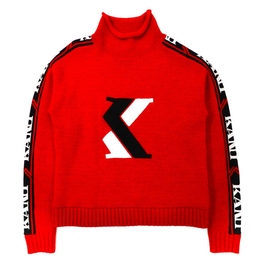 Karl Kani タートルネックセーター L レッド ウール ケーブル編み ビッグサイズ 袖ロゴ 90年代-KARL KANI-古着