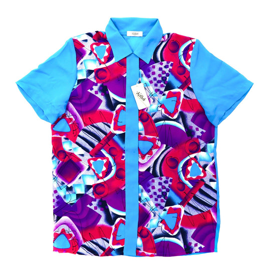 Kolbeh 半袖レトロシャツ 9R ブルー ポリエステル 総柄 日本製 未使用品-VINTAGE-古着