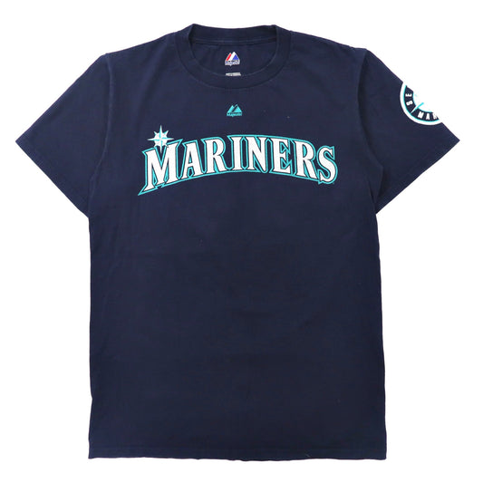 Majestic ベースボールプリントTシャツ S ネイビー ナンバリング MLB Seattle Mariners-MAJESTIC-古着