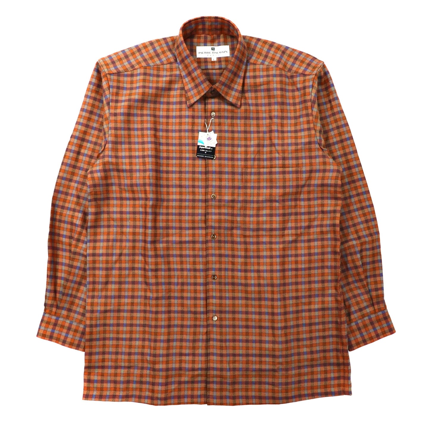 PIERRE BALMAIN フランネルシャツ L オレンジ ウール 80年代 日本製 未使用品-BALMAIN-古着