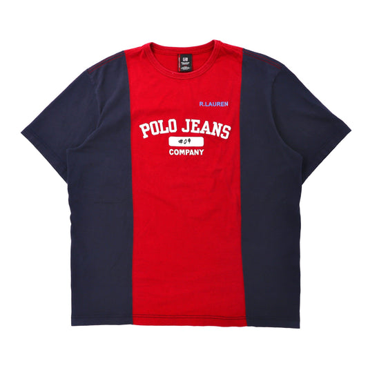 POLO JEANS COMPANY RALPH LAUREN ドッキングTシャツ L レッド ネイビー コットン ビッグサイズ ロゴプリント 90年代-POLO JEANS ( RALPH LAUREN )-古着