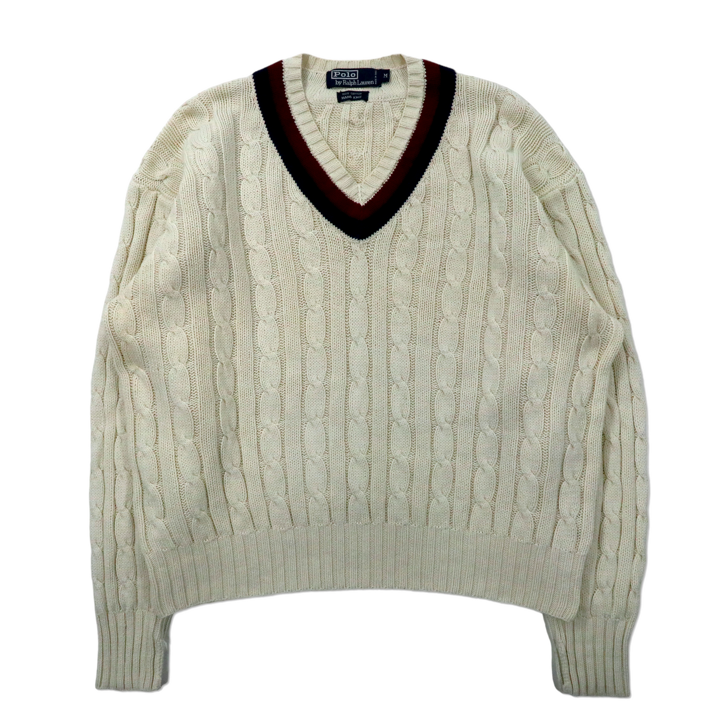 Polo by Ralph Lauren Vネック チルデンニット セーター M ホワイト コットン HAND KNIT ケーブル編み