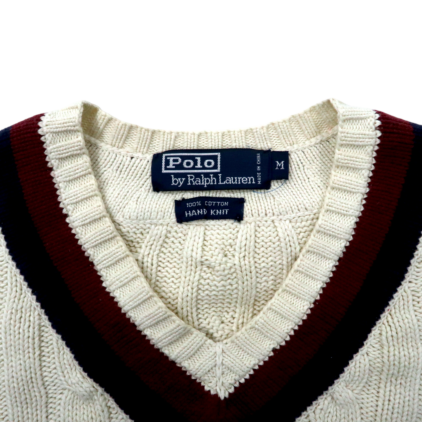 Polo by Ralph Lauren Vネック チルデンニット セーター M ホワイト コットン HAND KNIT ケーブル編み