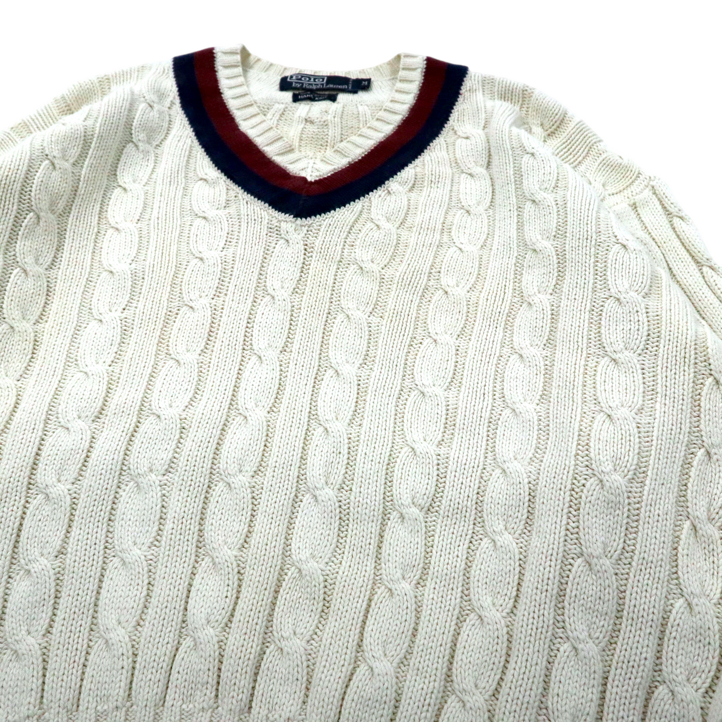 Polo by Ralph Lauren Vネック チルデンニット セーター M ホワイト コットン HAND KNIT ケーブル編み