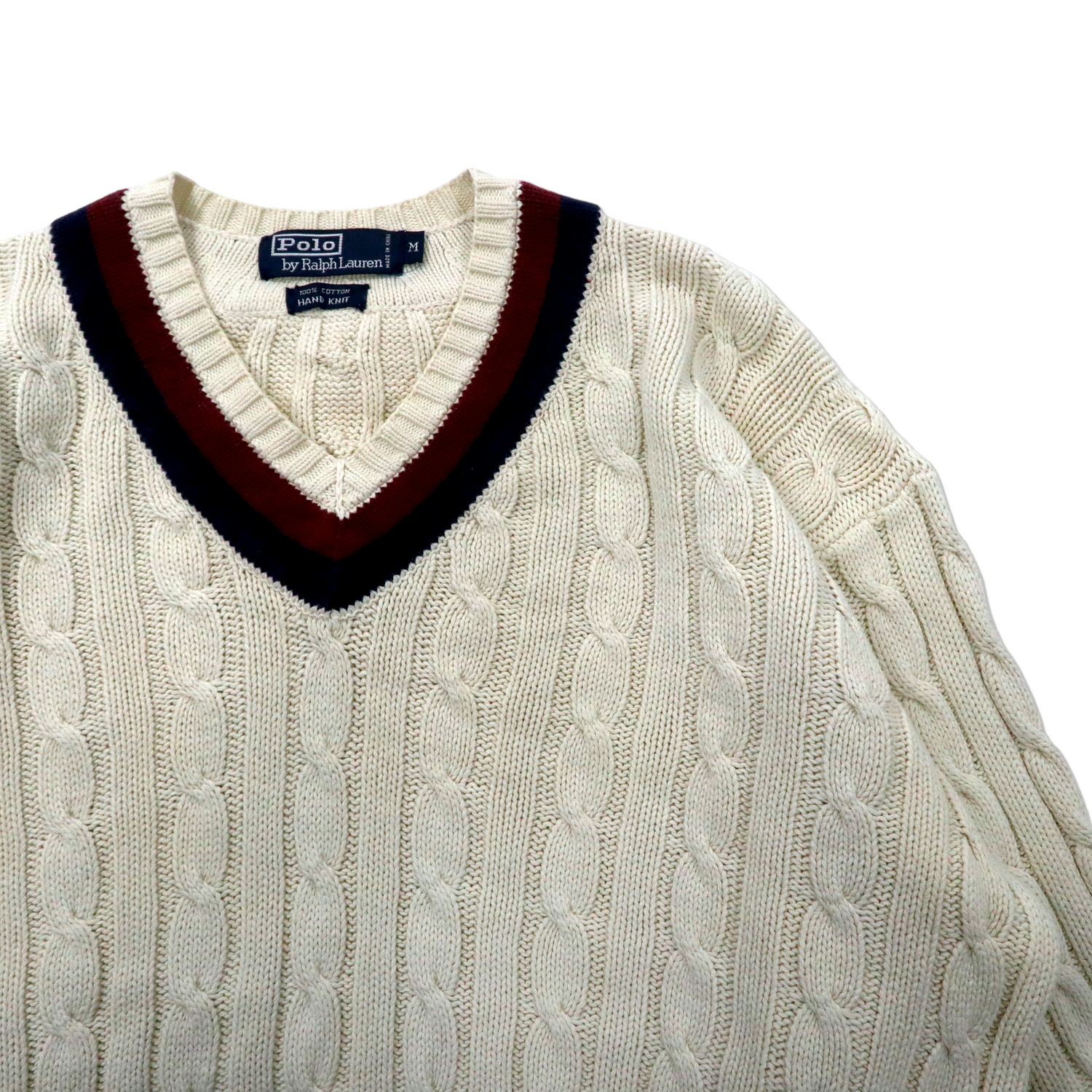 POLO BY RALPH LAUREN V neck knit sweater M White Cotton Hand Knit
