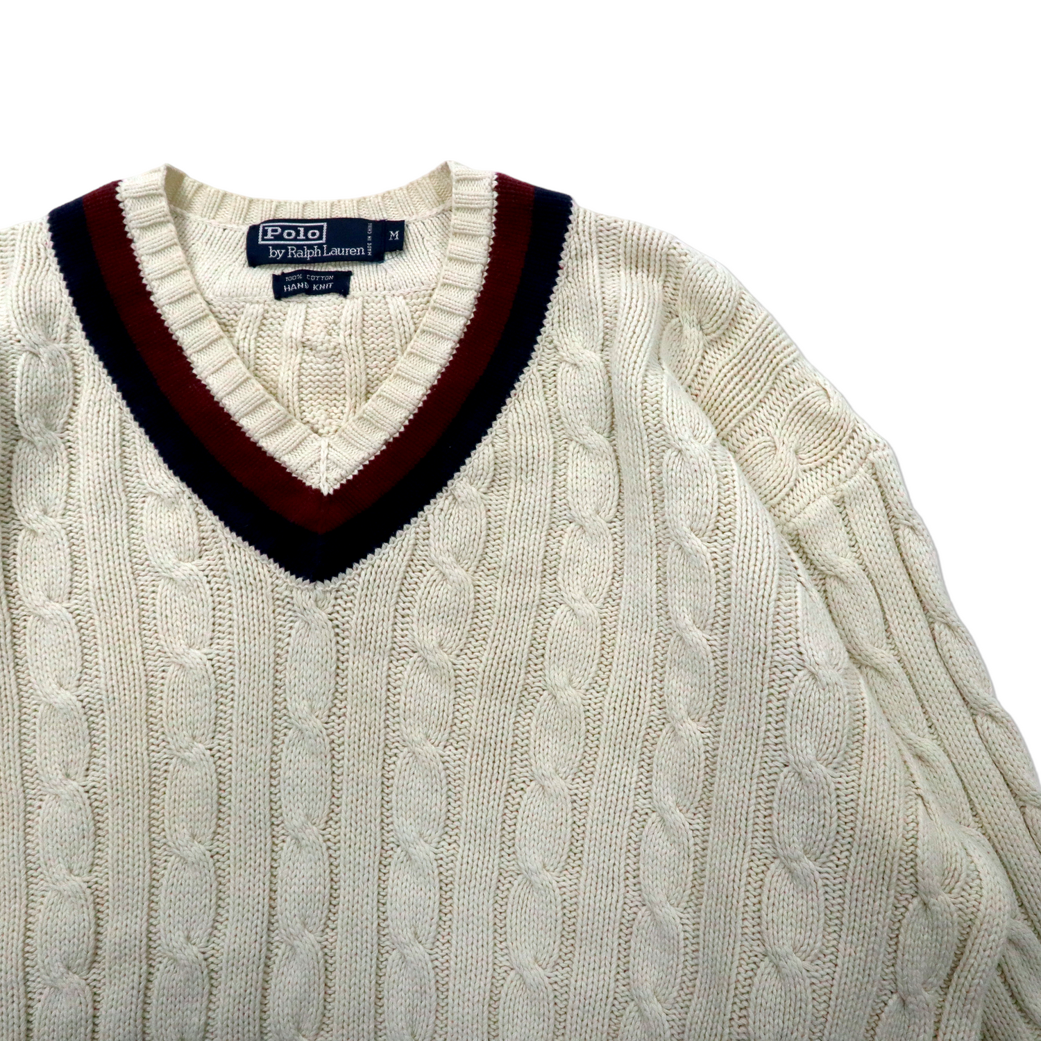 POLO BY RALPH LAUREN V neck knit sweater M White Cotton Hand Knit Cable  Braid