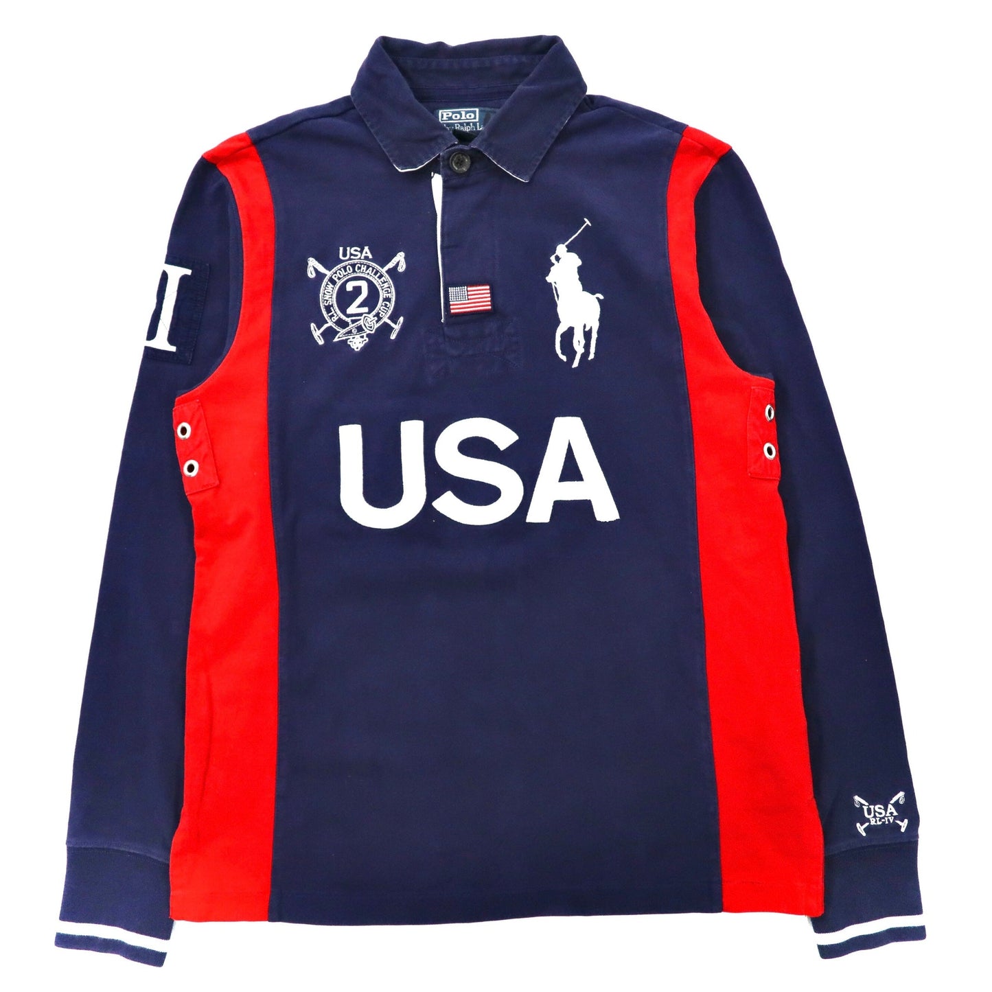 Polo by Ralph Lauren ラガーシャツ M ネイビー コットン ビッグポニー刺繍 USA 星条旗 スリランカ製-Polo Ralph Lauren-古着