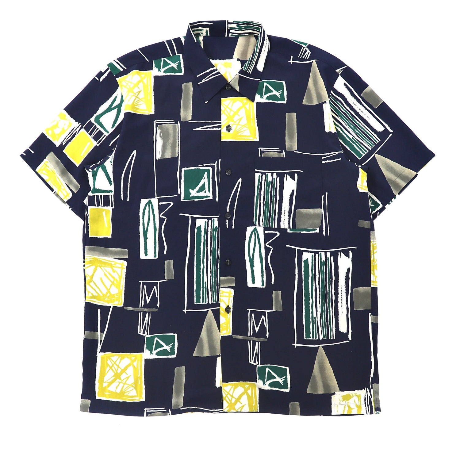 RAIKA 半袖ポリシャツ XL ネイビー ポリエステル 総柄 幾何学 日本製-VINTAGE-古着