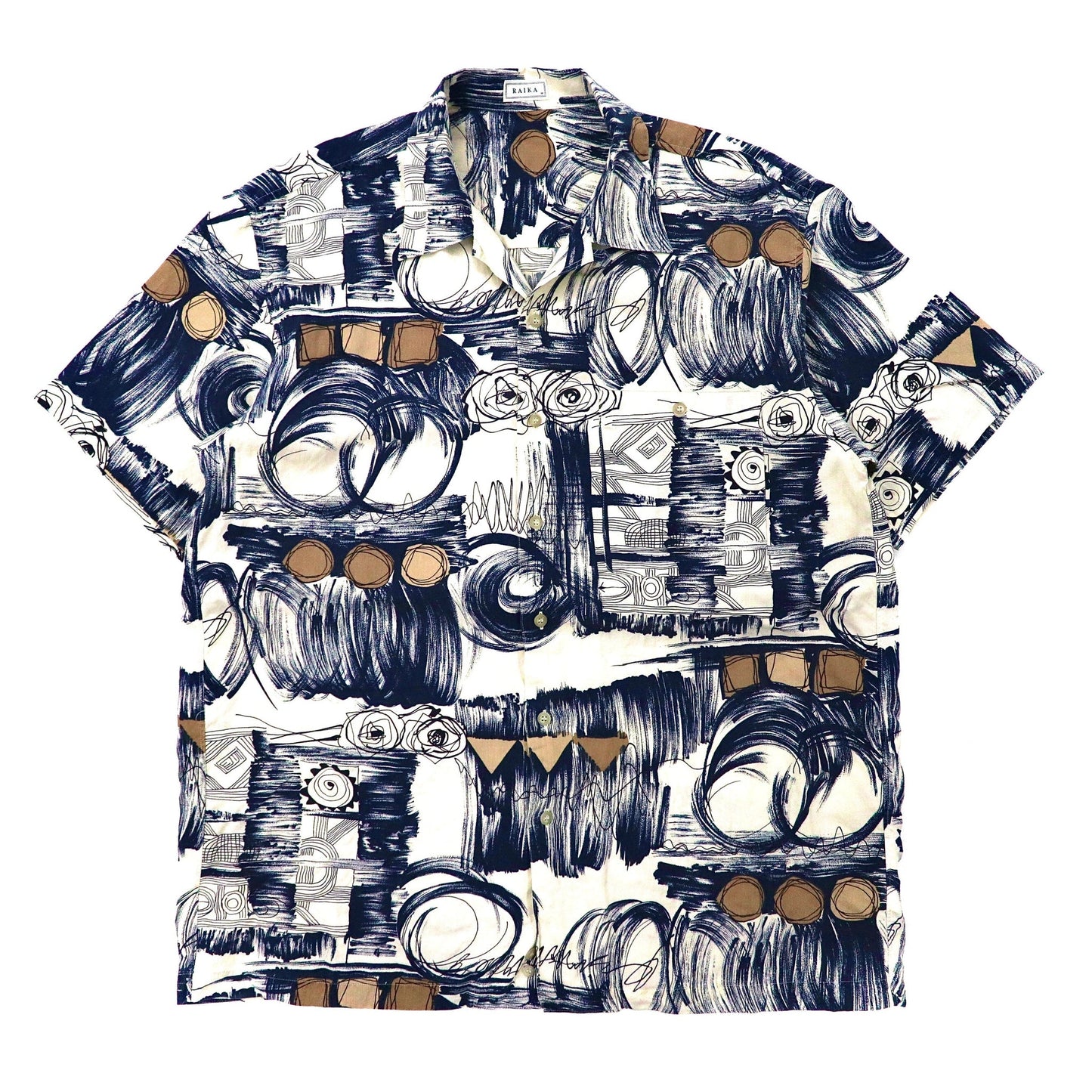 RAIKA ビッグサイズ 半袖オープンカラーシャツ M ブルー テンセル 総柄 幾何学 日本製-VINTAGE-古着