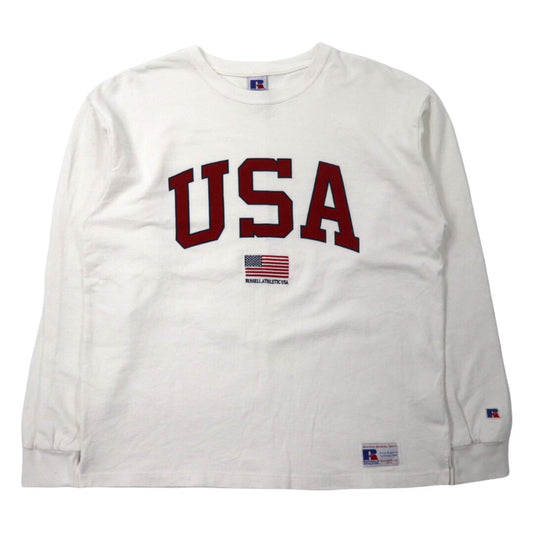 RUSSELL ATHLETIC ロングスリーブTシャツ L ホワイト コットン USAプリント 星条旗 刺繍-VINTAGE-古着