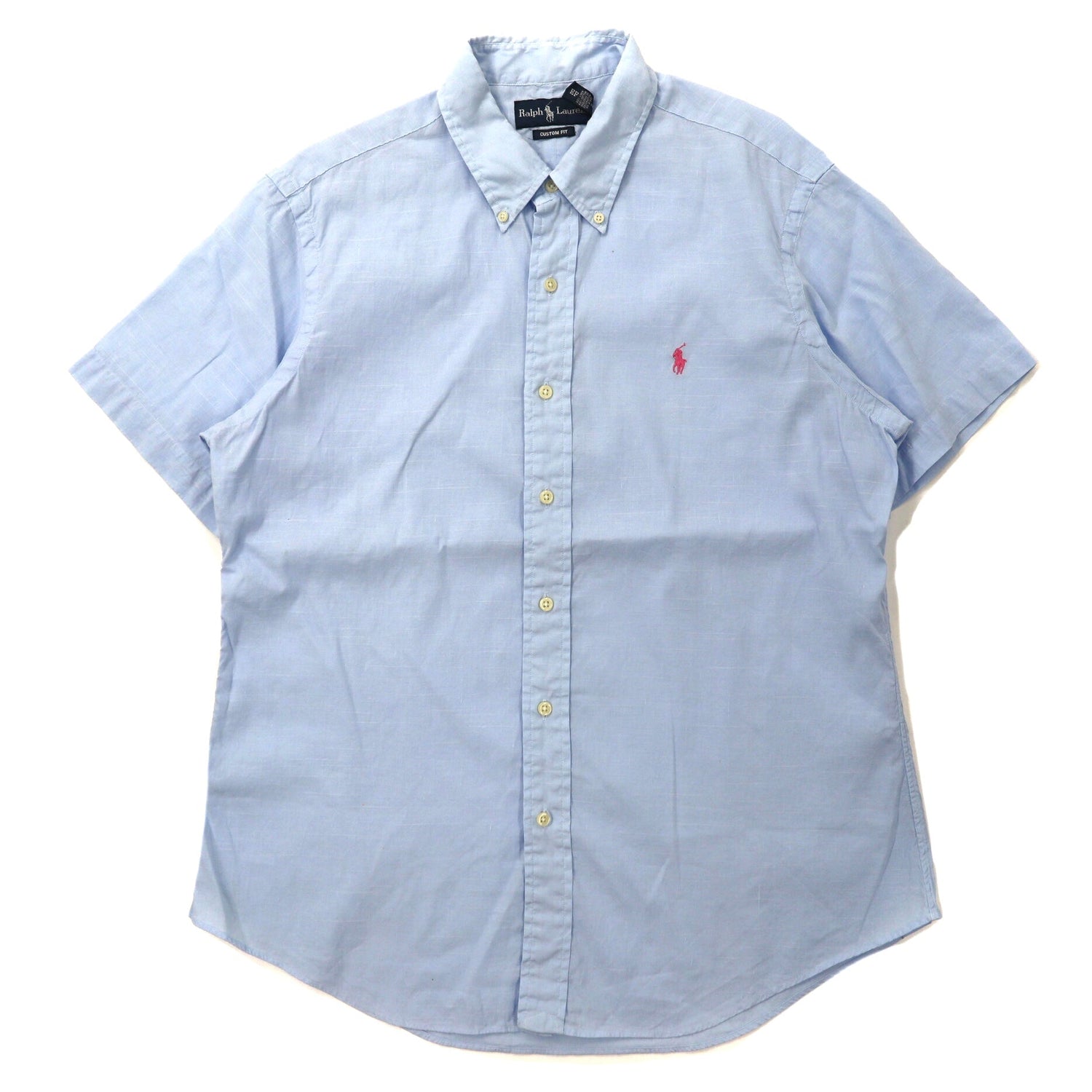 Ralph Lauren 半袖ボタンダウンシャツ XL ブルー リネン CUSTOM FIT スモールポニー刺繍-Ralph Lauren-古着