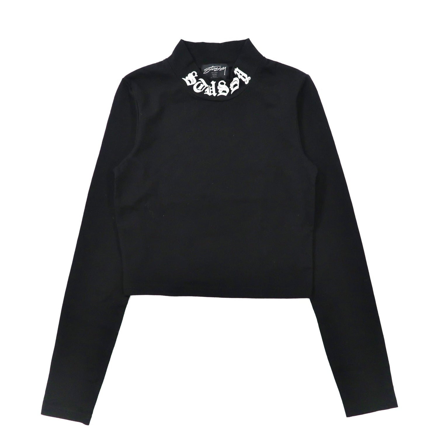 STUSSY クロップド ハイネックトップ S ブラック コットン ロゴ