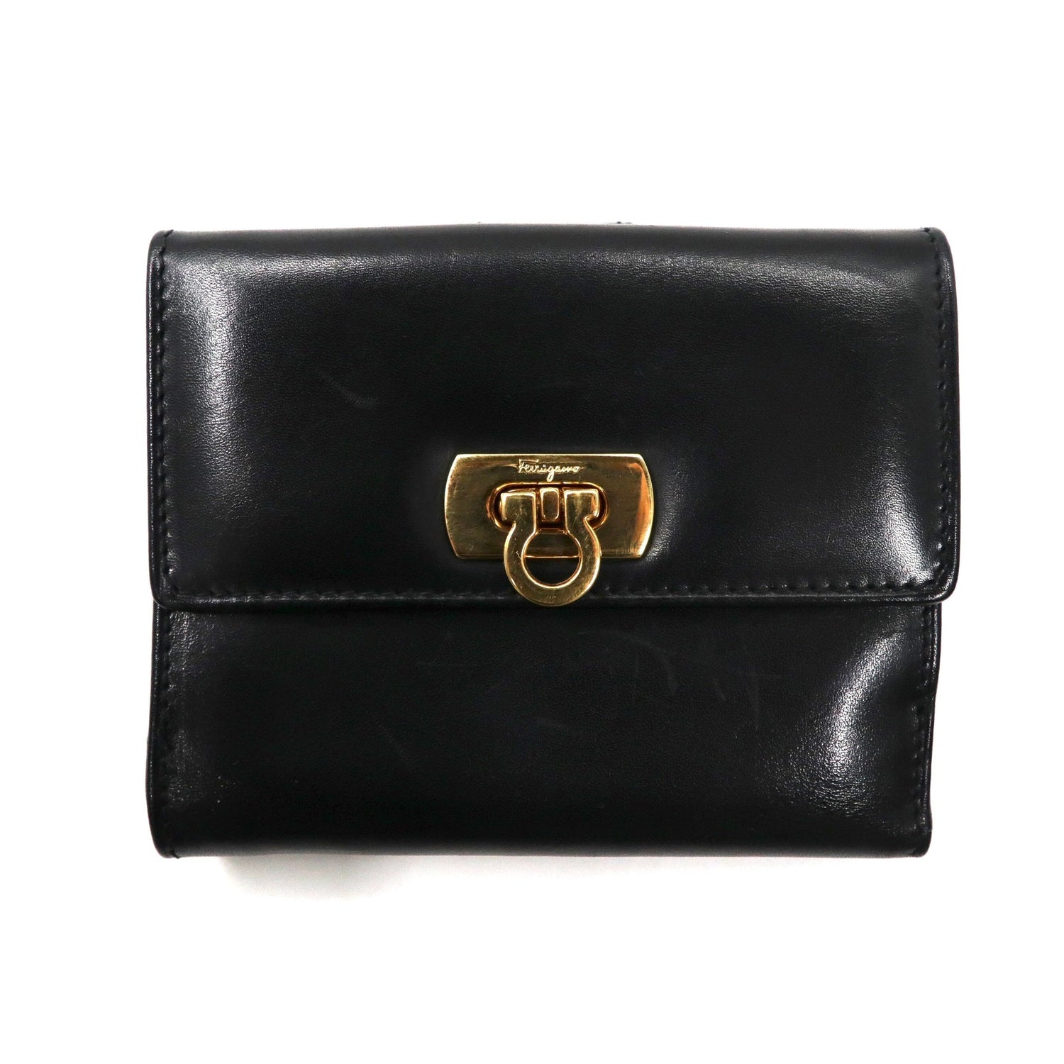 Salvatore Ferragamo 3 -fold wallet Black Leather Ganchini Bracket ...